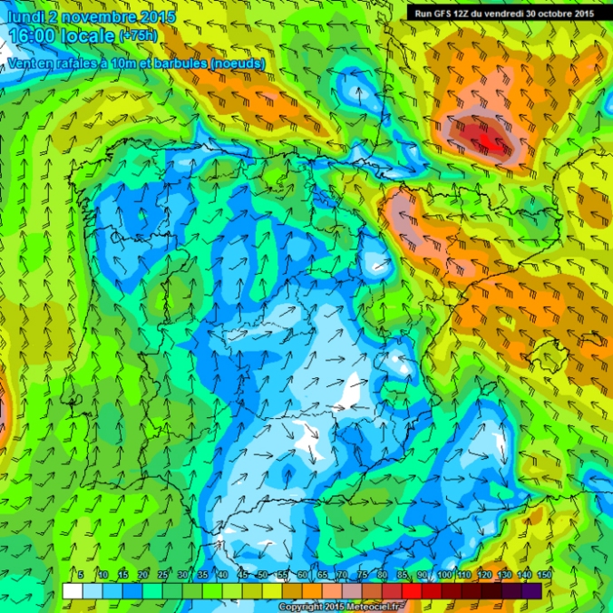 Fig.4- Rachas de viento previstas por el modelo GFS para el lunes a las 16h.