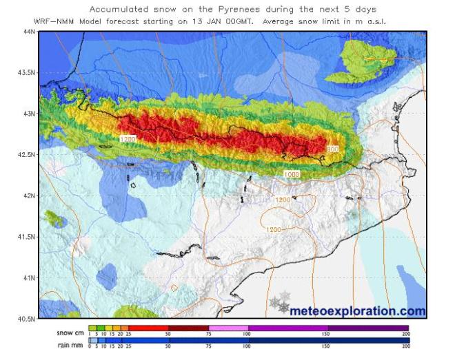 Fig.2- Acumulación de nieve prevista en los Pirineos los próximos 5 días.