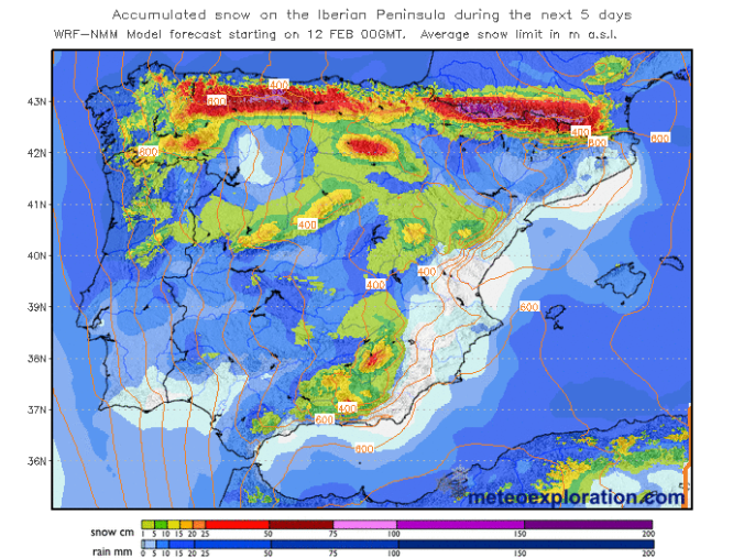 Fig.5- Nieve acumulada los próximos cinco días en la Península Ibérica.